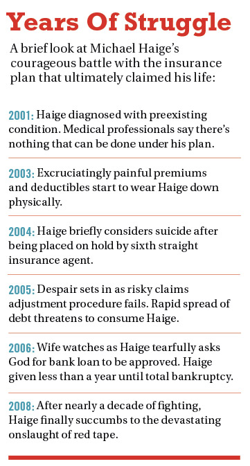 Illustration for article titled Man Succumbs To 7-Year Battle With Health Insurance